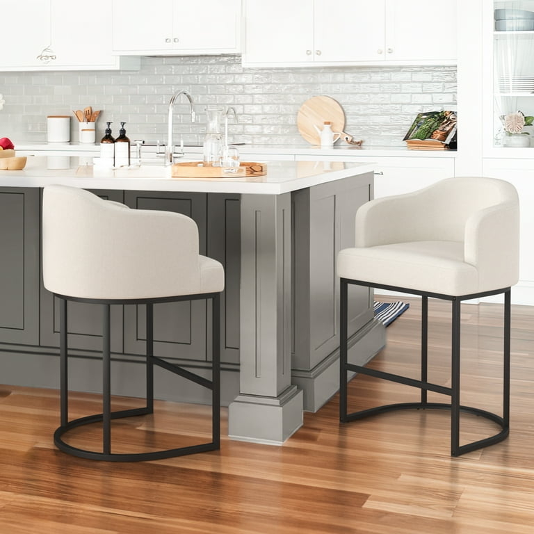 Beige Counter Stools: Curved Back, Low Arms, Black Metal U-Shape Base