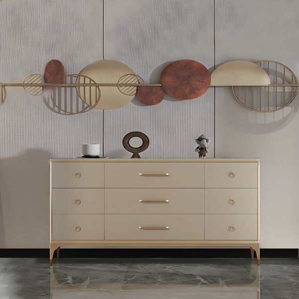 Beige Double Dresser with Mixed Hardware and Gold Metal Base