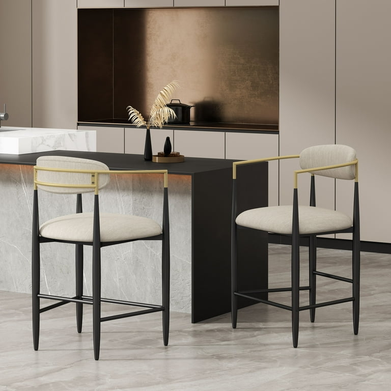 Beige Fabric Counter Stools Integrated Armrests Black Metal Frame Seating