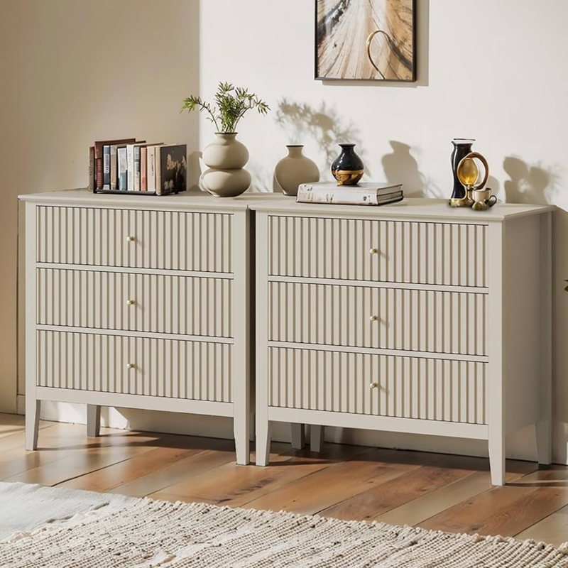 Beige Fluted 3-Drawer Dresser Pair with Ribbed Surface