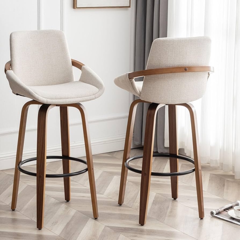 Beige Linen Bar Stool with Wrap Around Wooden Rail Frame
