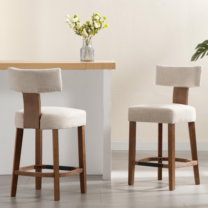 Beige Linen-Like Upholstered Counter Stools Curved Back
