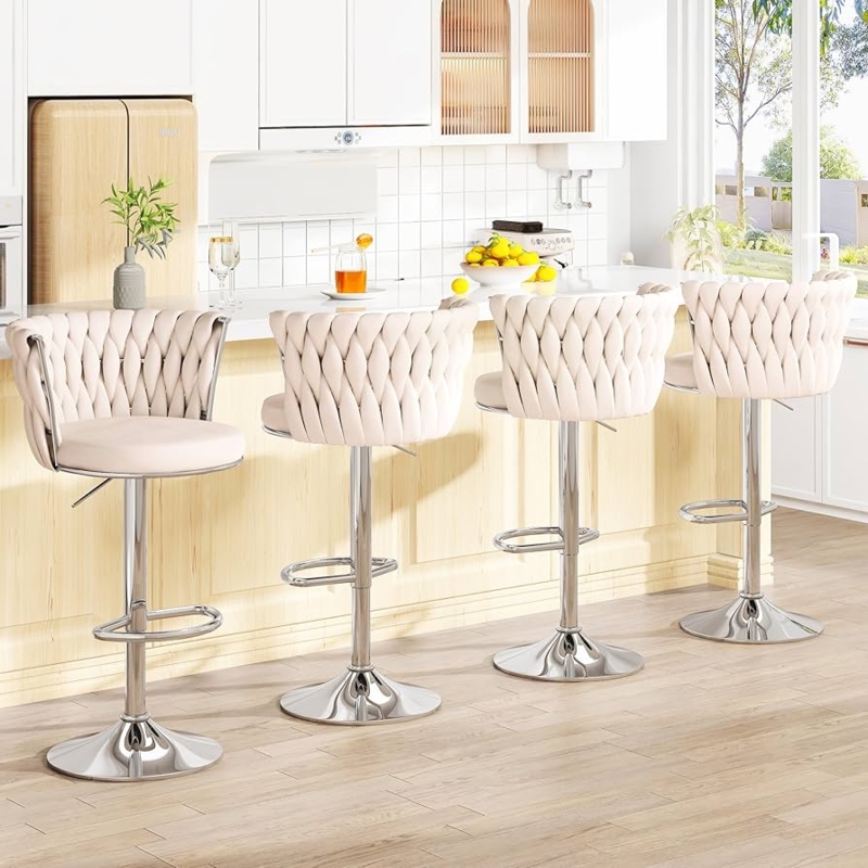 Beige Velvet Bar Stool Set with Woven Backrest and Polished Chrome Base