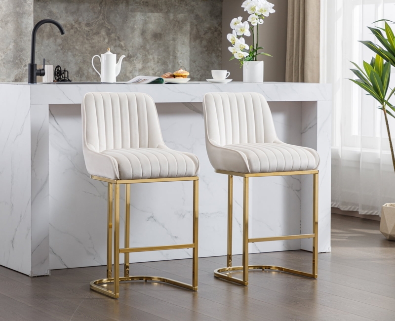 Beige Velvet Bar Stools Vertical Channel Tufting Gold Sled Base