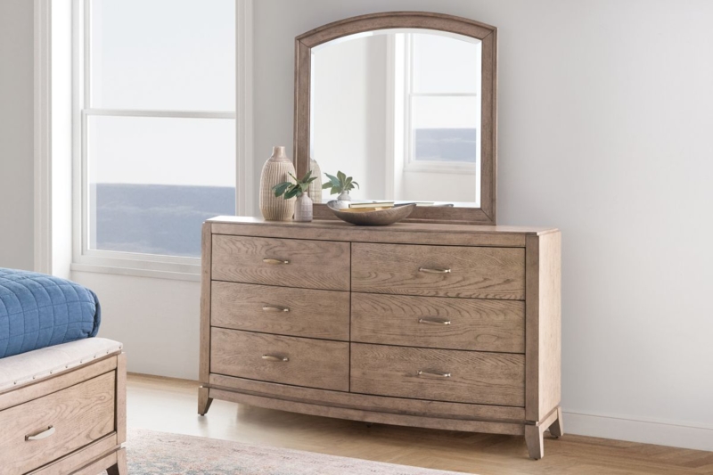 Beige Wood Double Dresser with Arched Mirror Set, Transitional Style
