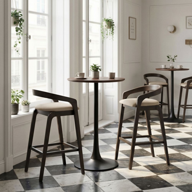 Bistro Style Barstool with Curved Open Back and Dove Gray Seat