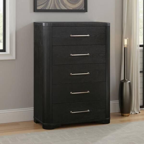 Black Bedroom Chest 5 Drawer Fluted Sides Brass Bar Pulls