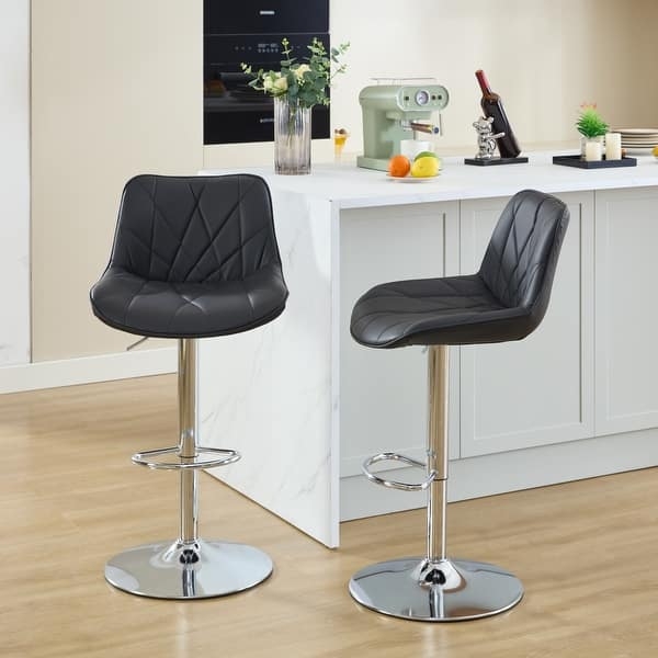 Black Diamond Quilted Bar Stools, Polished Chrome Pedestal, Adjustable Set