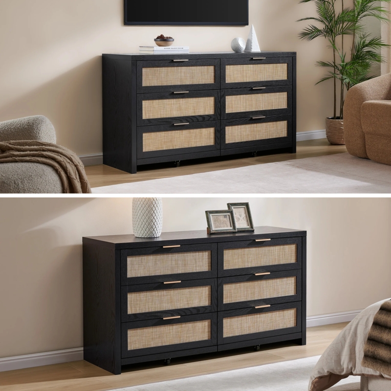 Black Double Dresser with Natural Woven Cane Inserts