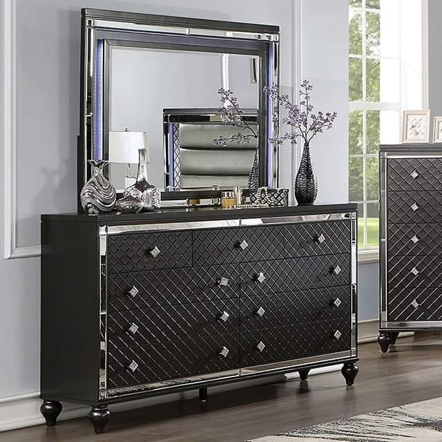 Black Dresser with Diamond Quilted Drawers and LED Lit Mirror