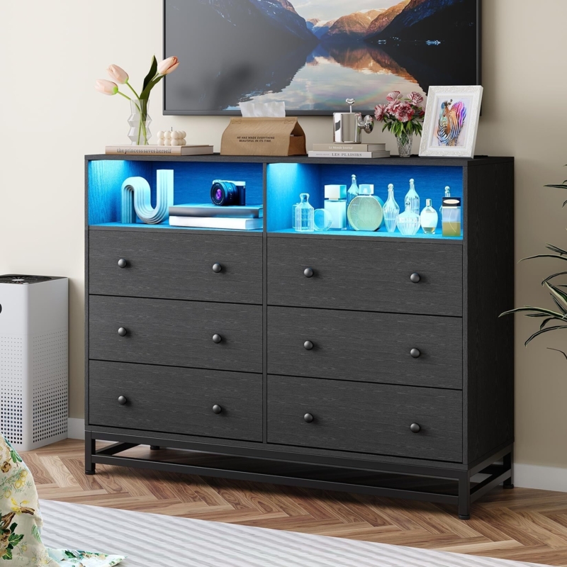 Black Dresser with LED Lights and Open Storage Shelf