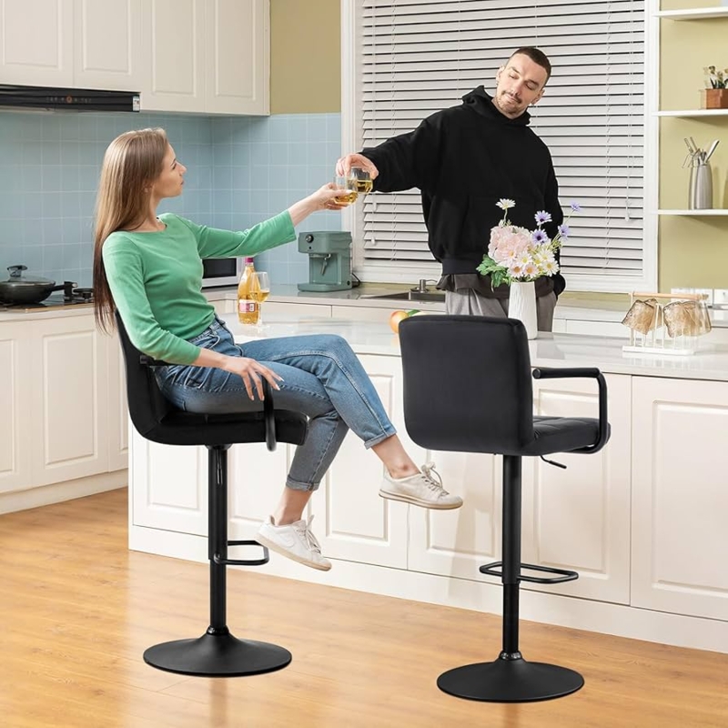 Black Fabric Bar Stools, Integrated Armrests with Pedestal Base, Adjustable