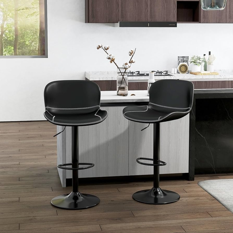 Black Faux Leather Bar Stools, Contrast Stitching with Pedestal Base