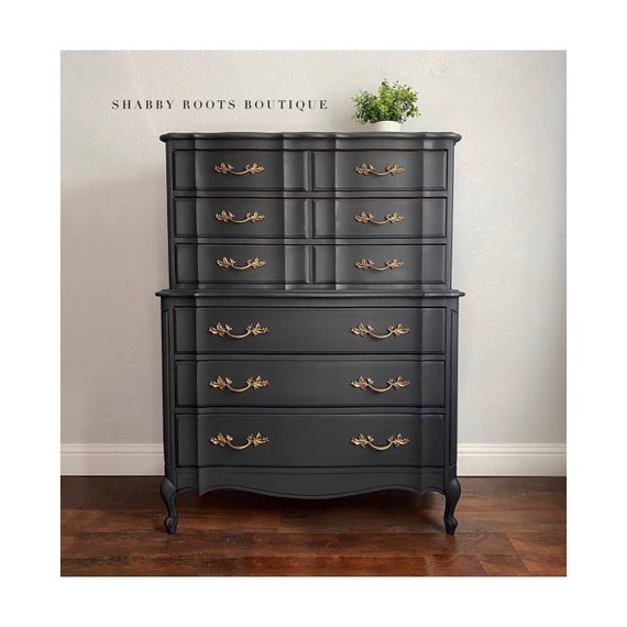 Black French Provincial Dresser Ornate Gold Handles Matte Finish