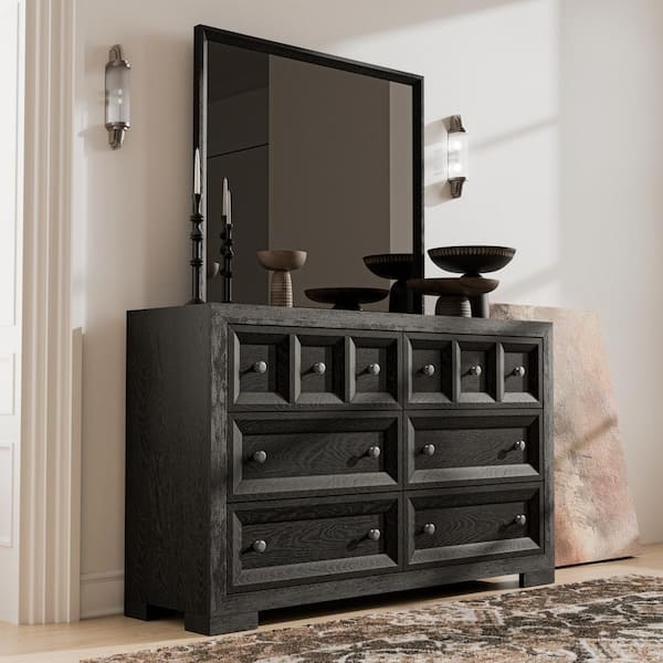 Black Recessed Panel Dresser with Square Mirror & Wood Grain