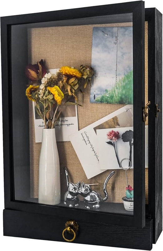 Black Shadow Box Frame with Integrated Bottom Drawer and Antique Latch