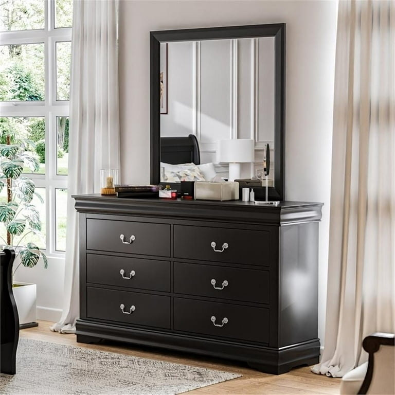 Black Six-Drawer Dresser & Mirror Set: Silver Bail Pulls & Molding