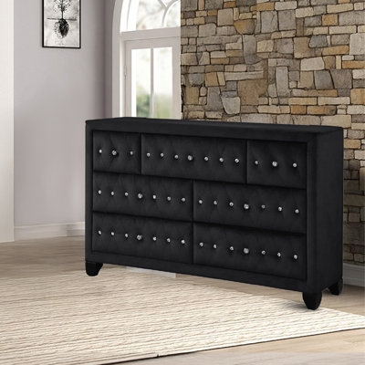 Black Upholstered Dresser with Button Tufting and Crystal Accents
