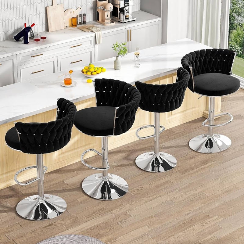 Black Velvet Bar Stools Braided Back Chrome Pedestal Base