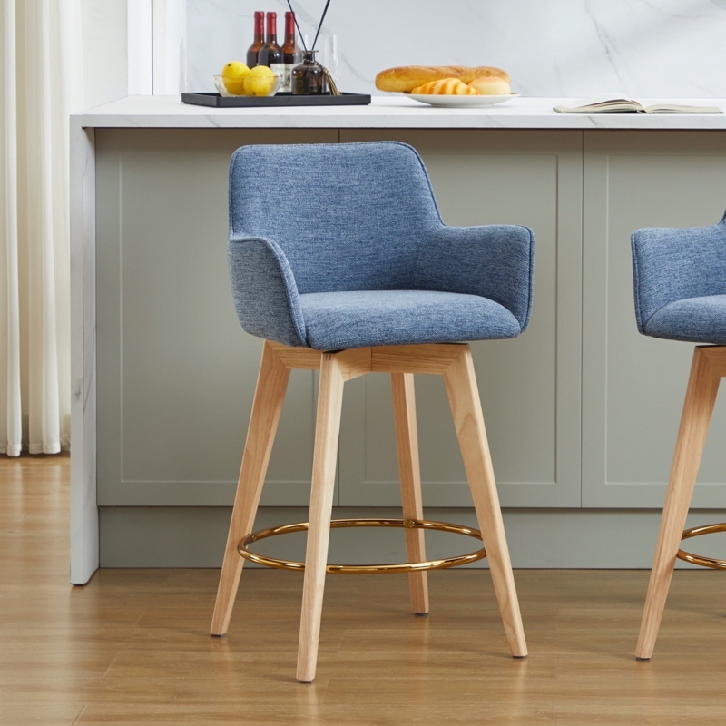 Blue Swivel Counter Stool Barrel Back Gold Footrest Wood Legs