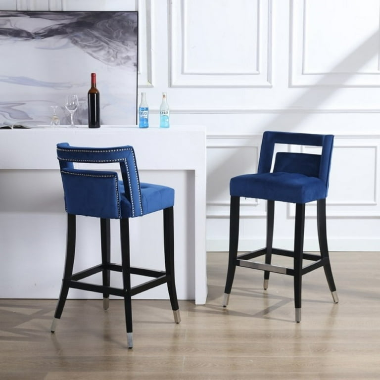 Blue Velvet Bar Stool with Geometric Cutout Back and Nailhead Trim