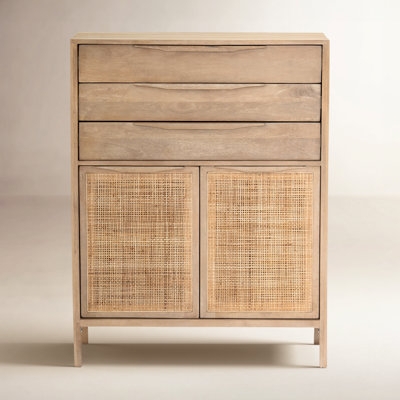 Bohemian Modern Light Wood Dresser with Woven Cane Doors and Inlays