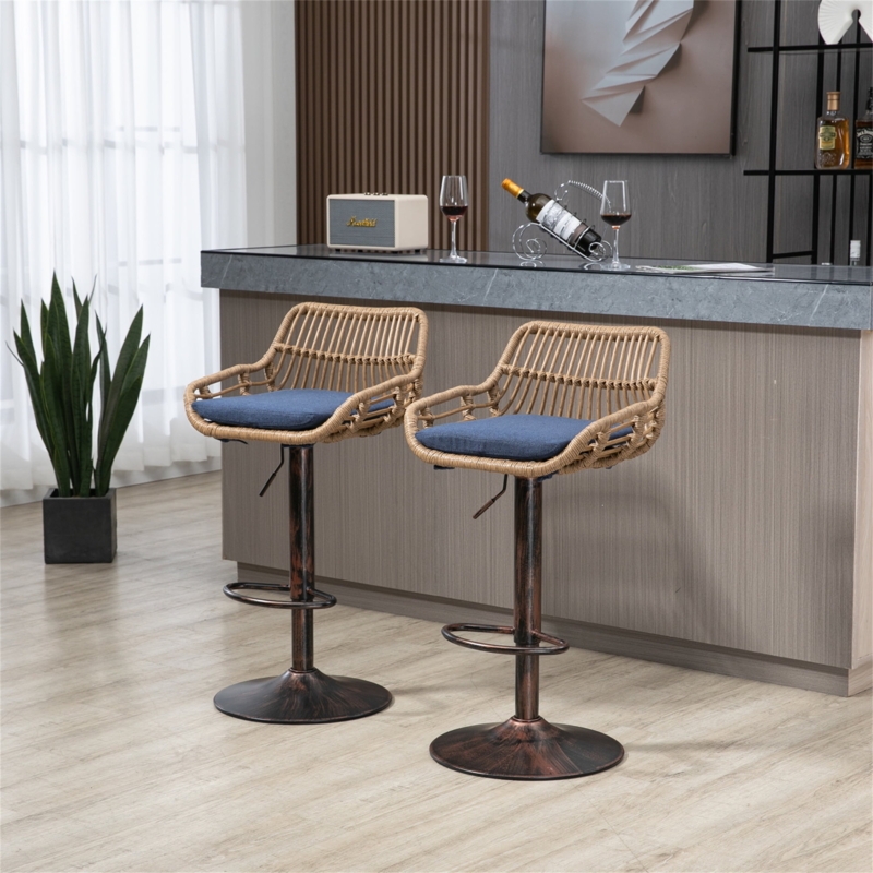 Bohemian Swivel Bar Stool, Woven Bucket Seat on Bronze Pedestal