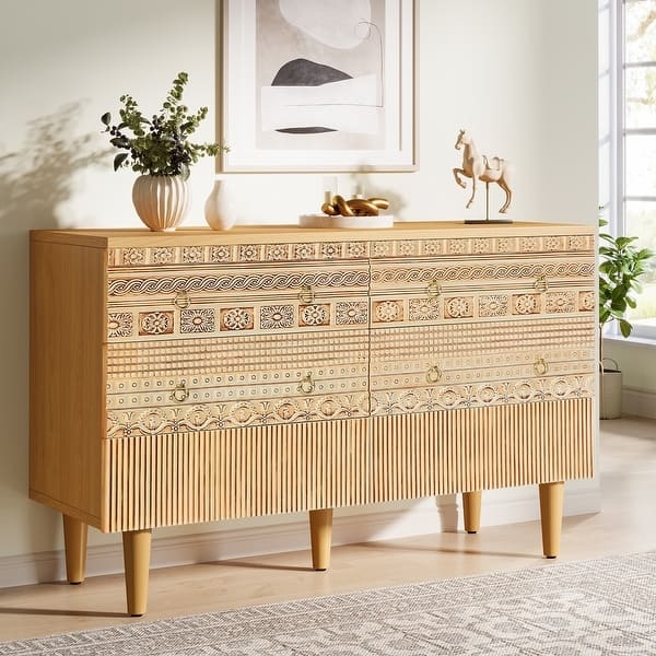 Boho Accent Dresser with Slatted Bottom Section and Carved Fronts
