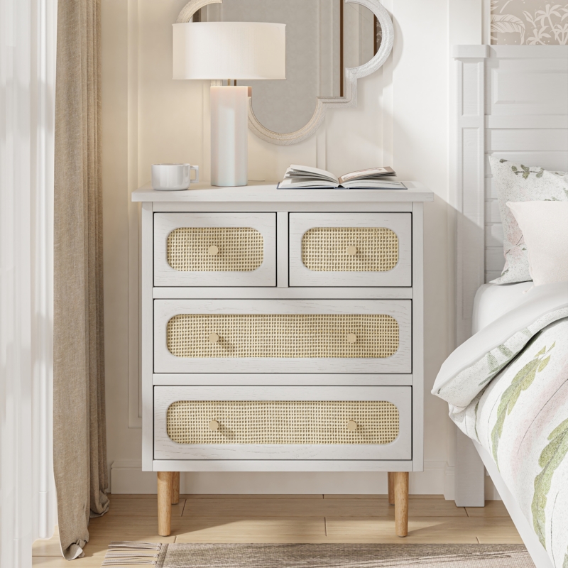 Boho Chest of Drawers with Natural Rattan Panels and Wood Legs
