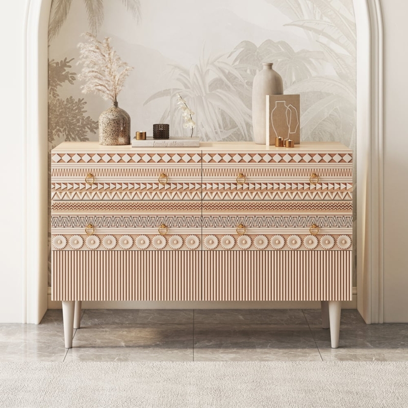 Boho Dresser with Geometric Carvings and Reeded Texture