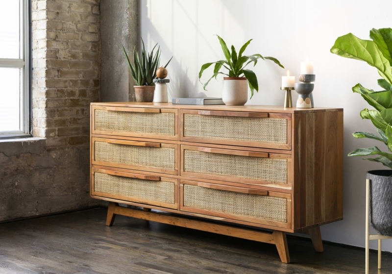 Boho Dresser with Integrated Wood Pulls and Cane Panels