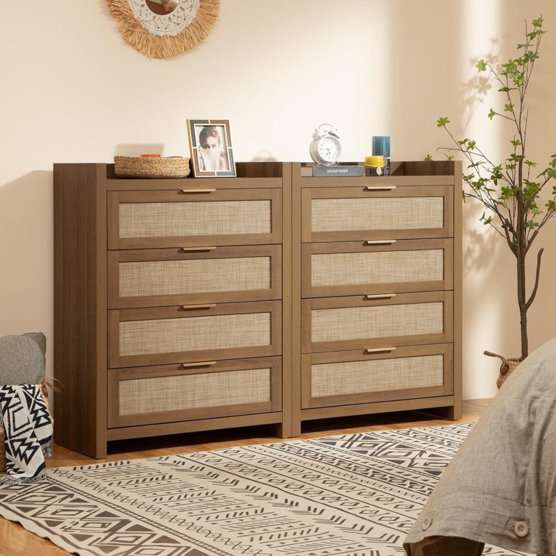 Boho Dresser with Rattan Drawer Fronts and Gold Handles