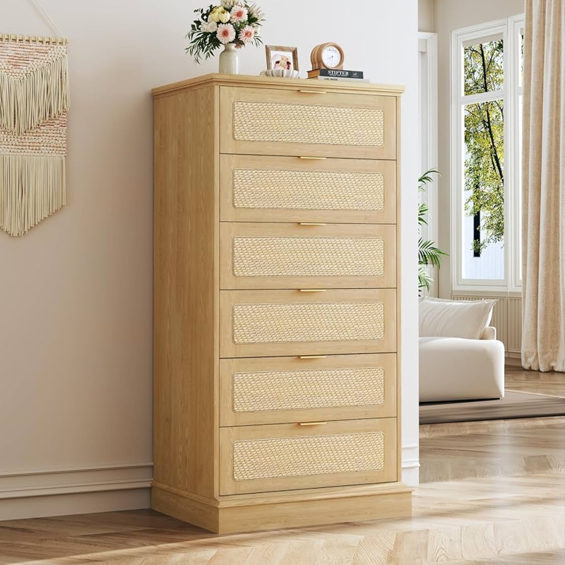 Boho Rattan Chest of Drawers featuring Light Oak and Gold Pulls