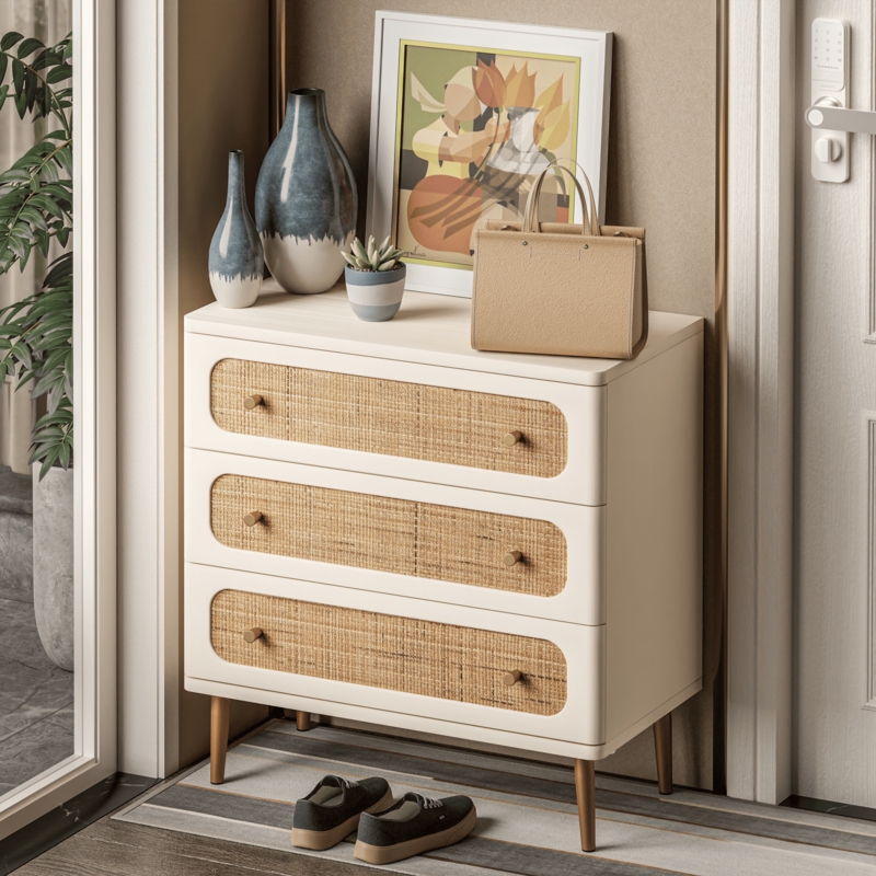 Boho Rattan Dresser with Rounded Corners and Gold Tapered Legs