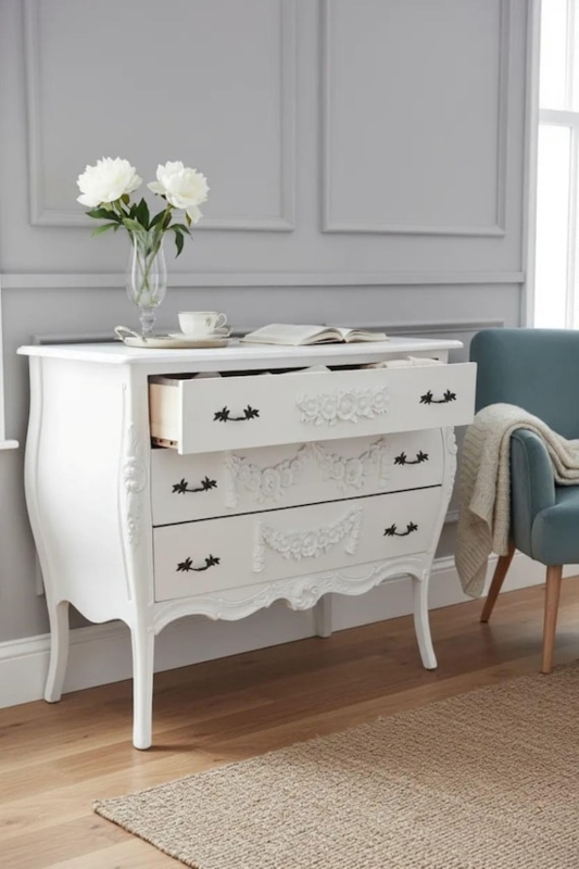 Bombay Chest White with Floral Carvings and Cabriole Legs