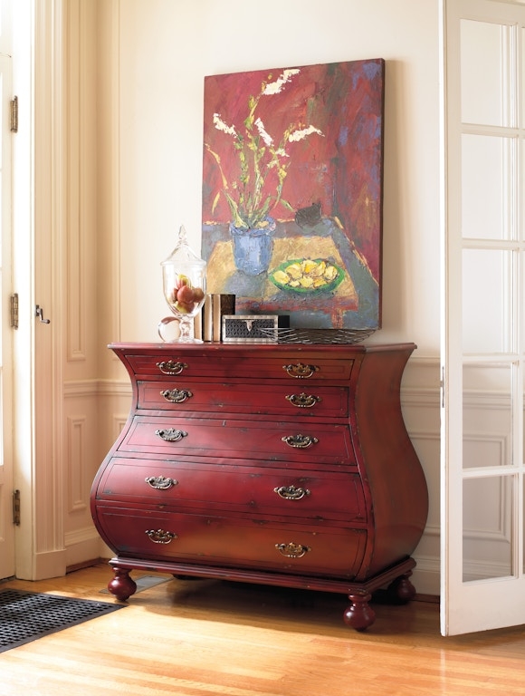 Bombe Chest Distressed Red Finish Curved Silhouette Ornate Metal Pulls
