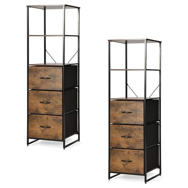 Bookshelf with Drawers, Industrial Metal X-Frame, Rustic Open Shelves