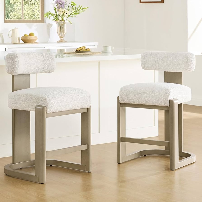 Bouclé Counter Stools: Bolster Back, Taupe Wood U-Shaped Base