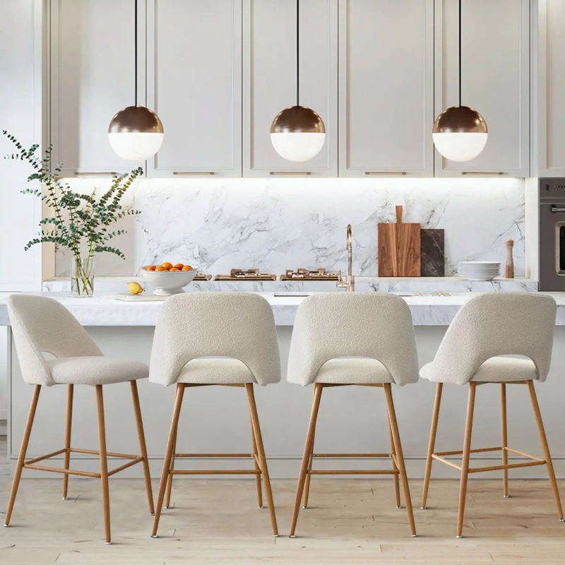 Boucle Counter Stools with Curved Cutout Back and Wood Legs
