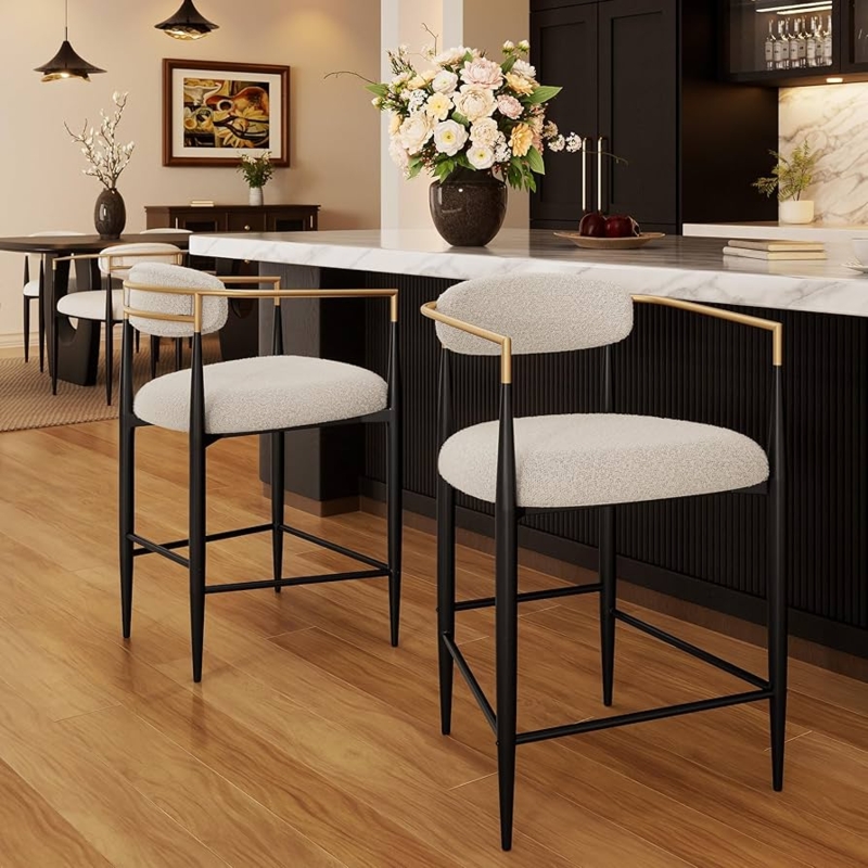 Boucle Upholstered Counter Stools Off White Fabric Metal Frame Arms