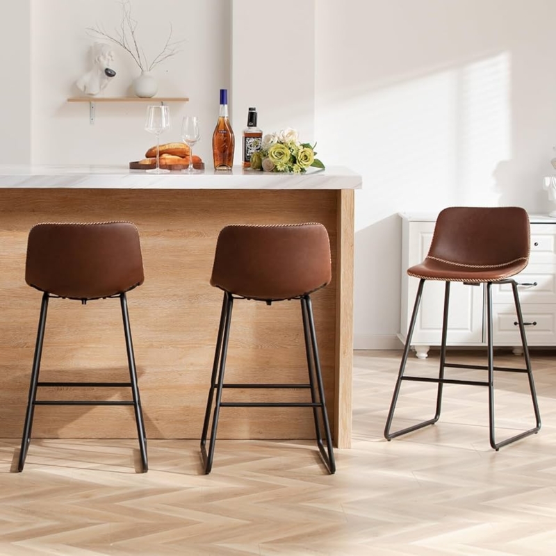 Brown Bar Stools Whipstitch Detail Metal Sled Base Industrial Chic Seating