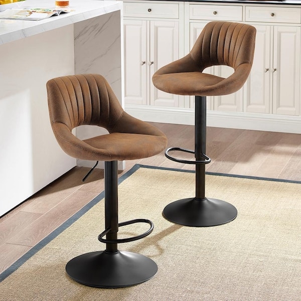 Brown Faux Leather Swivel Bar Stool with Open Back Cutout
