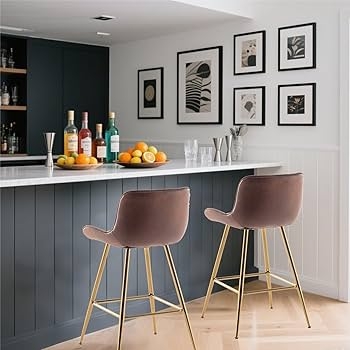Brown Velvet Bar Stools with Tapered Gold Metal Legs Set