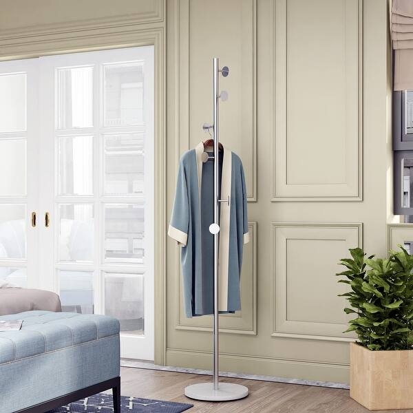 Brushed Metal Coat Rack, Weighted Stone-Like Base, Transitional Style