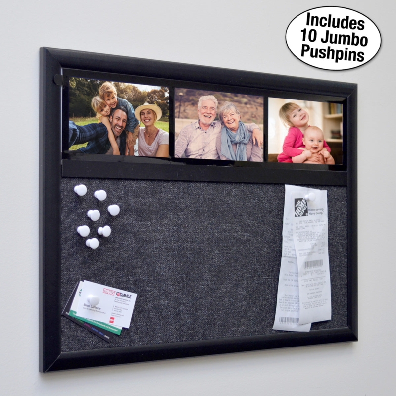 Bulletin Board: Integrated Photo Slots Charcoal Fabric Black Frame