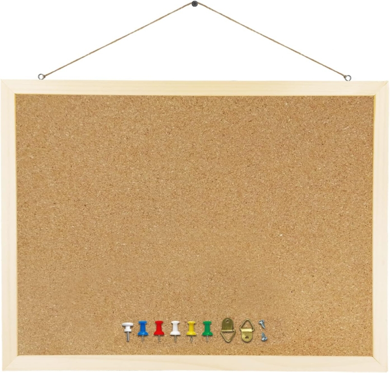 Bulletin Board Oak Finish Frame, Natural Cork with Hanging Cord