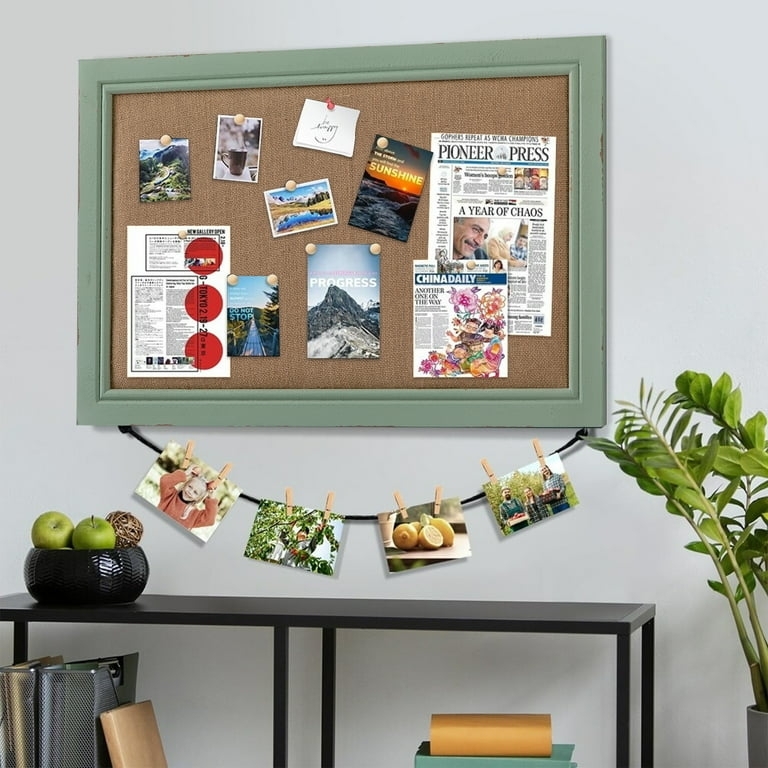 Bulletin Board Sage Green Frame, Linen Surface with Clothespin String
