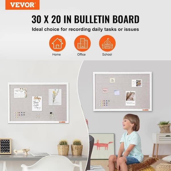 Bulletin Board Thin White Frame, 30x20 Linen Surface Matte Finish