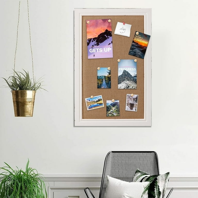 Bulletin Board White Distressed Frame, Linen Fabric Rustic Farmhouse