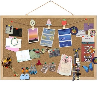 Bulletin Board Wooden Frame, Natural Cork with Hanging Twine & Clips